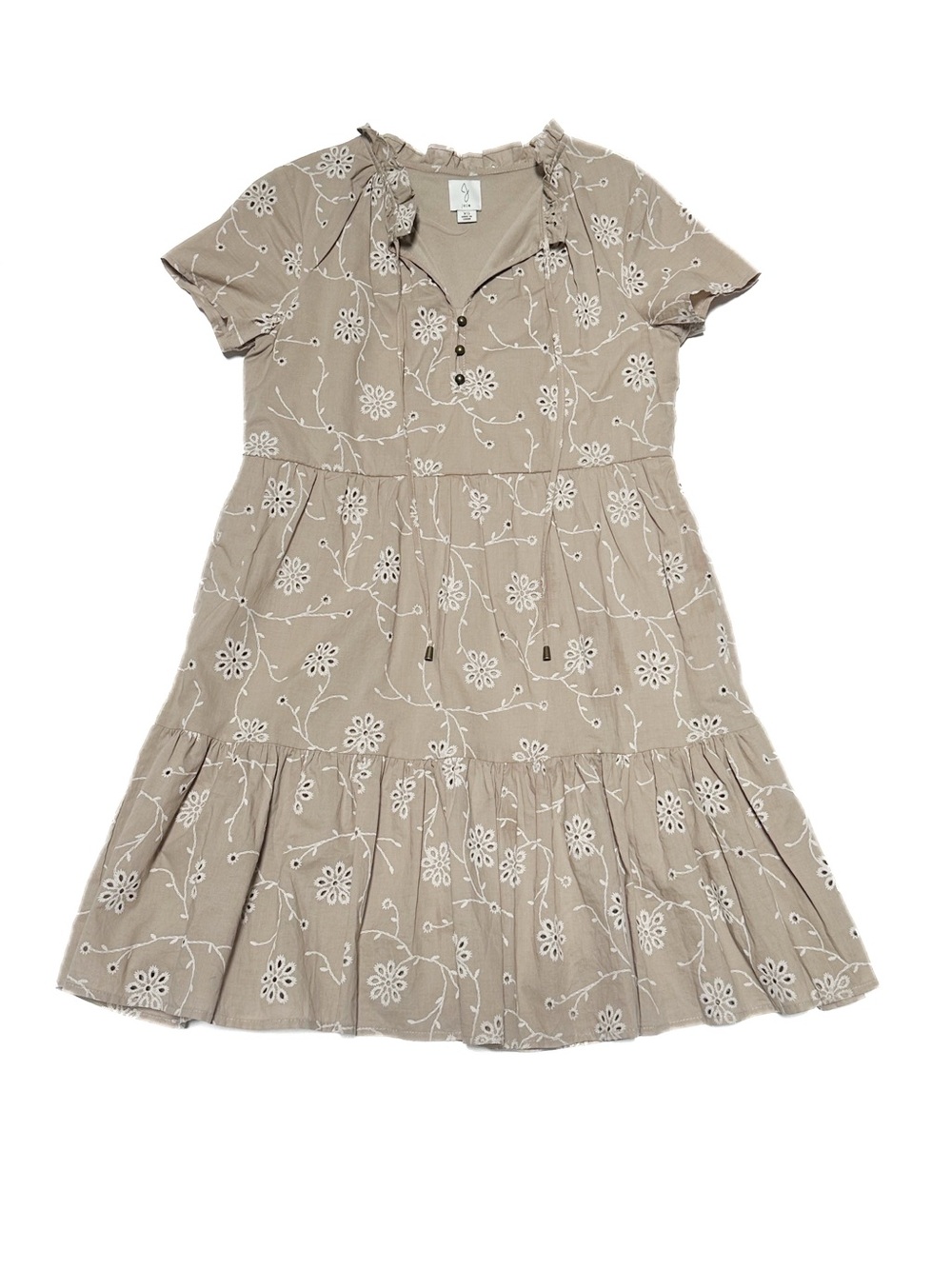 Joie Cotton Taupe Eyelet Embroidered Tiered Mini Casual Bohemian Sun Dress